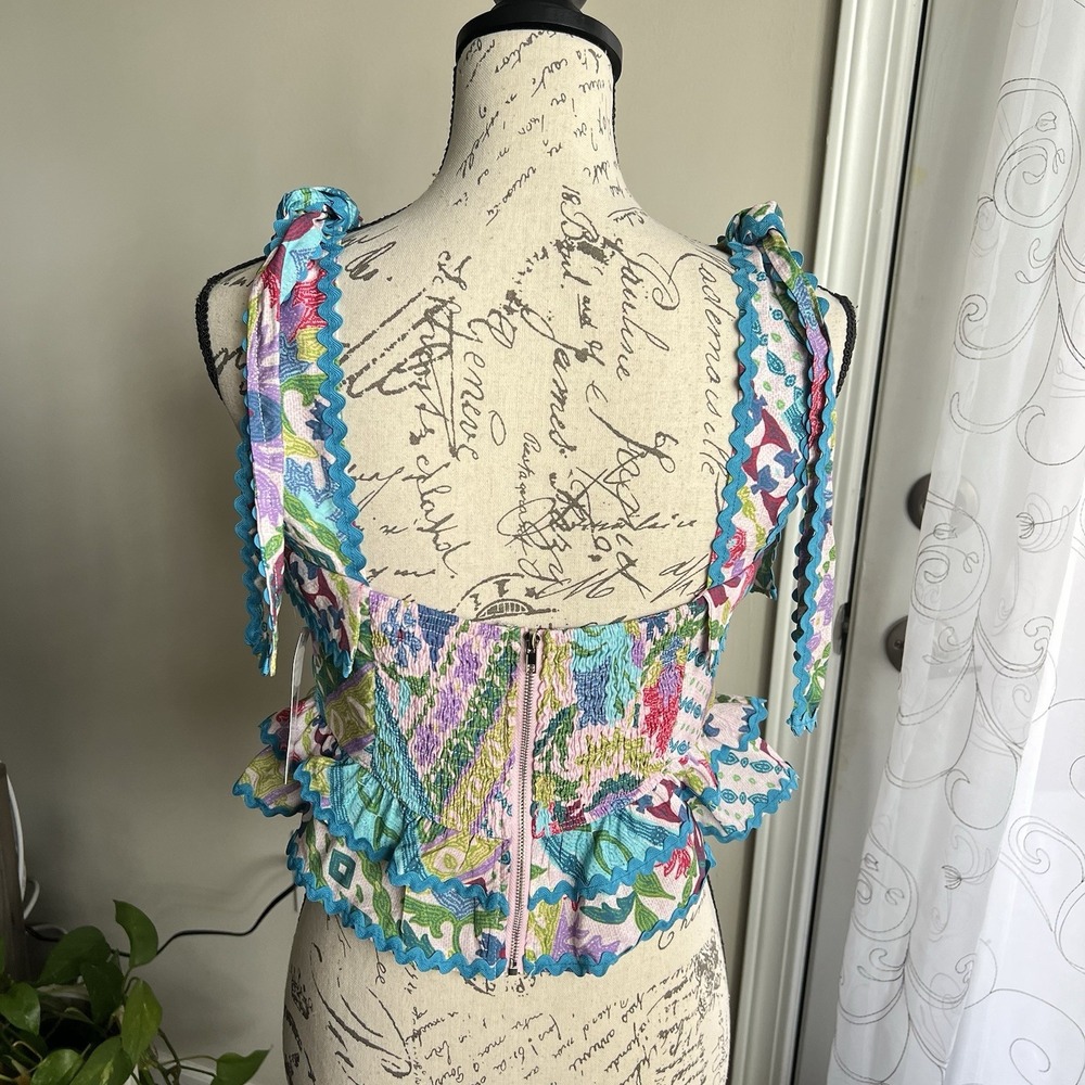 TCEC‎ Multicolor Patchwork Print Boho Crop Top Ruffle Hem Women's Medium Fun - Picture 2 of 9